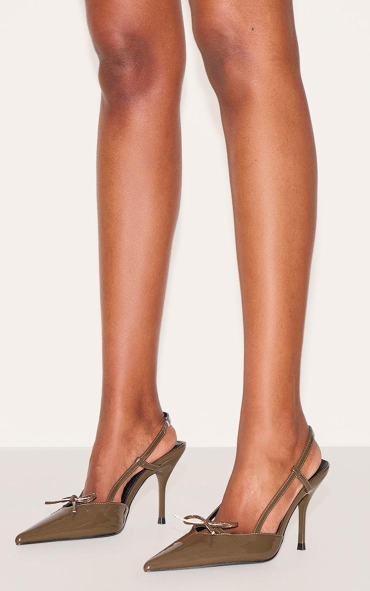 Olive PU Point Toe Bow Detail Mid Heel Courts Product Image