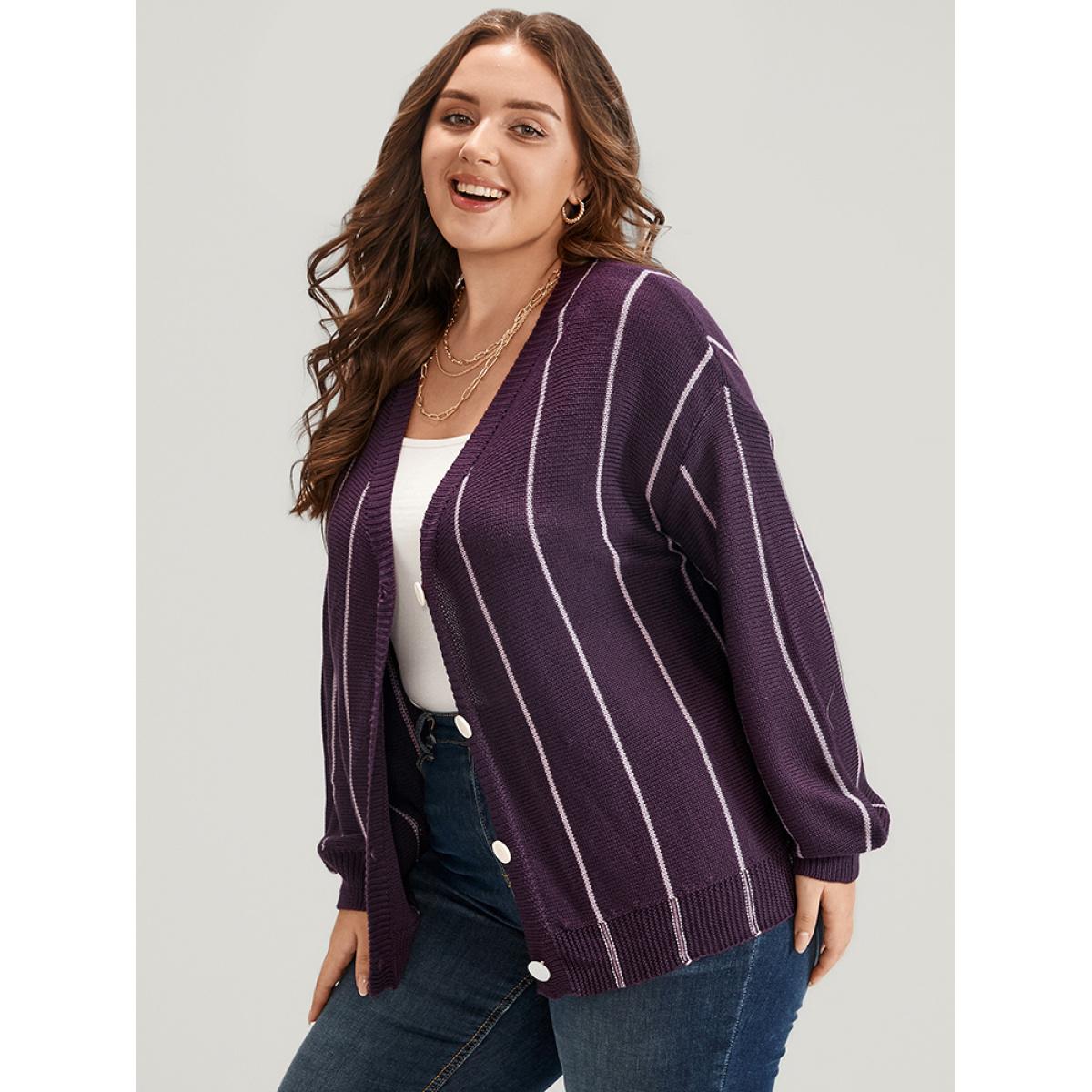 Plus Size Vertical Striped Contrast Pointelle Knit Lantern Sleeve Button Front Cardigan Eggplant Women Casual Loose Long Sleeve Dailywear Cardigans BloomChic 12/L Product Image