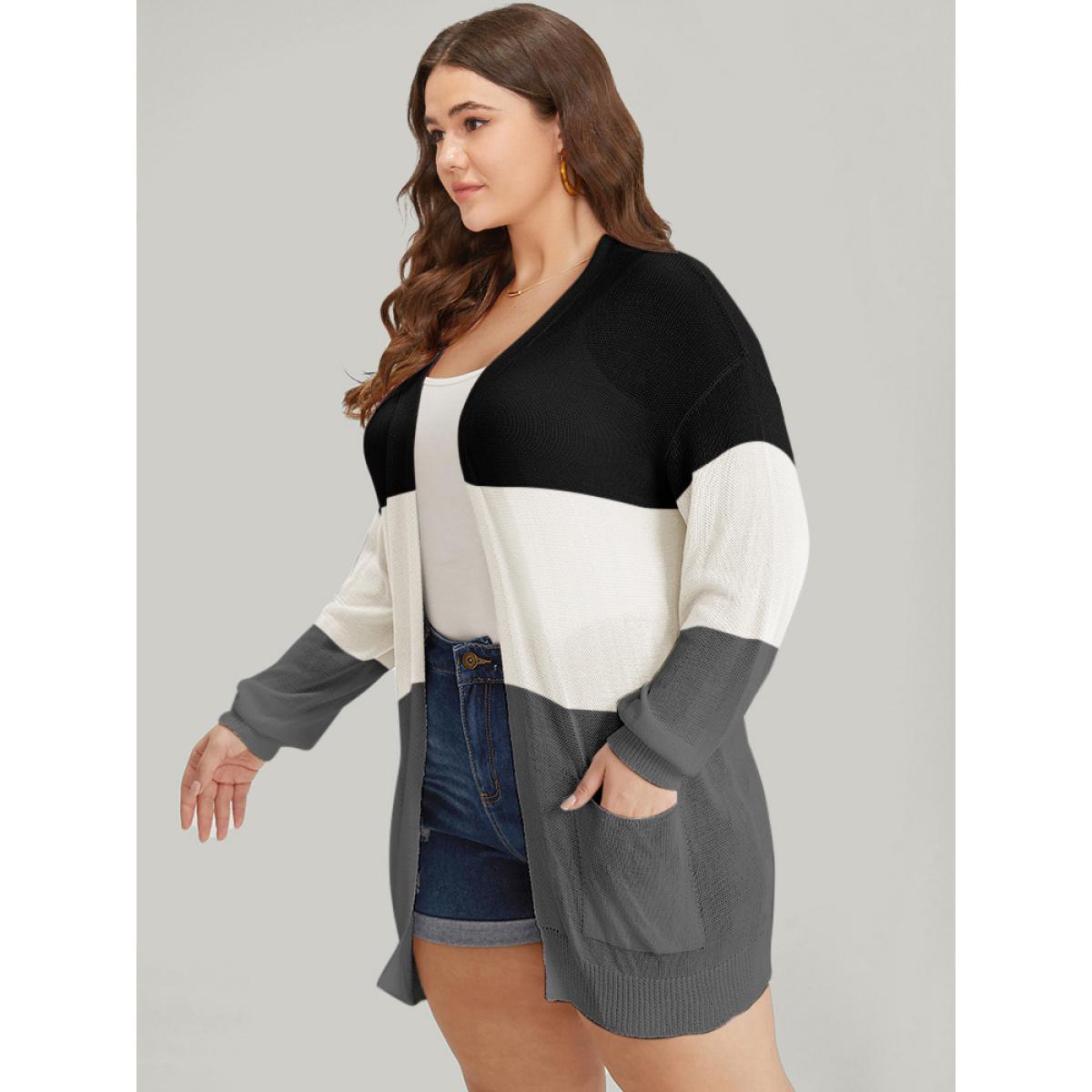 Plus Size Colorblock Pocket Drop Shoulder Elastic Cuffs Contrast Cardigan Black Women Casual Loose Long Sleeve Dailywear Cardigans BloomChic 22-24/3X Product Image