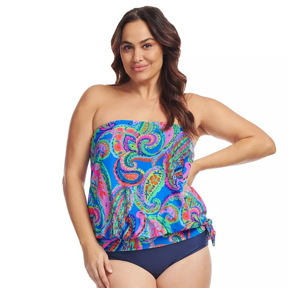 Plus Size Mazu Tropical Flora Draped Blouson Tankini Swim Top, Women's, Size: 18 W, Blue Product Image
