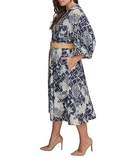 Donna Karan Plus Size Abstract Print Button Front Shirt Dress Product Image