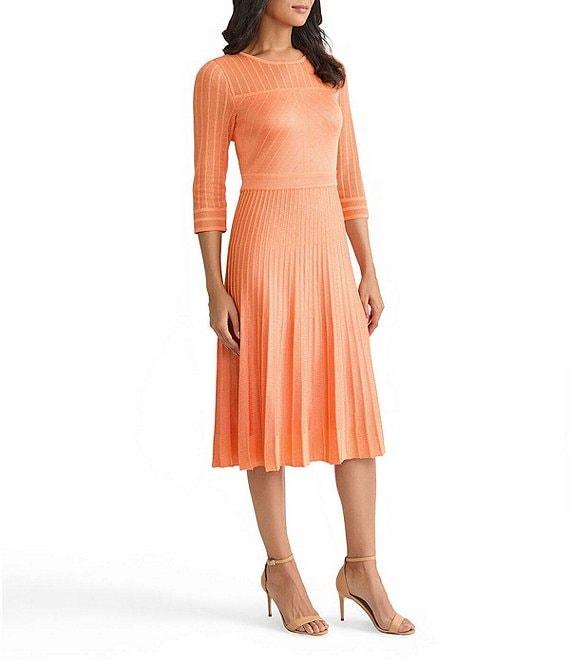 MISOOK Pleated Geometric Knit Round Neck Elbow Sleeve Fit-And-Flare Midi Dress Product Image