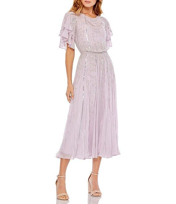 Mac Duggal Drape Neck Short Flutter Sleeves Beaded Chiffon Blouson Midi Dress Product Image