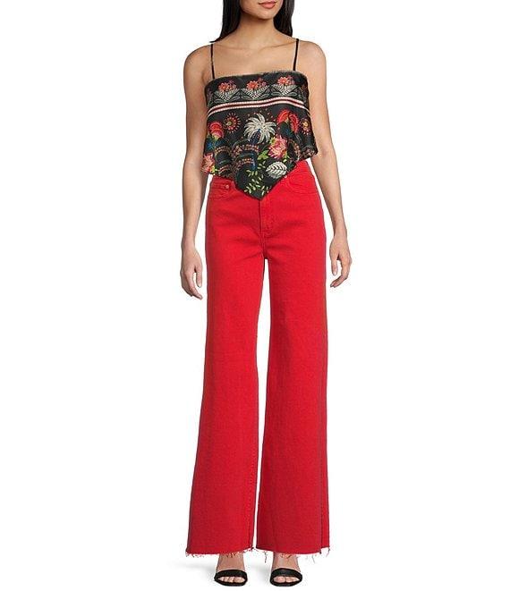 Honey & Sparkle Woven Pattern Satin Spaghetti Strap Hanky Hem Top Product Image