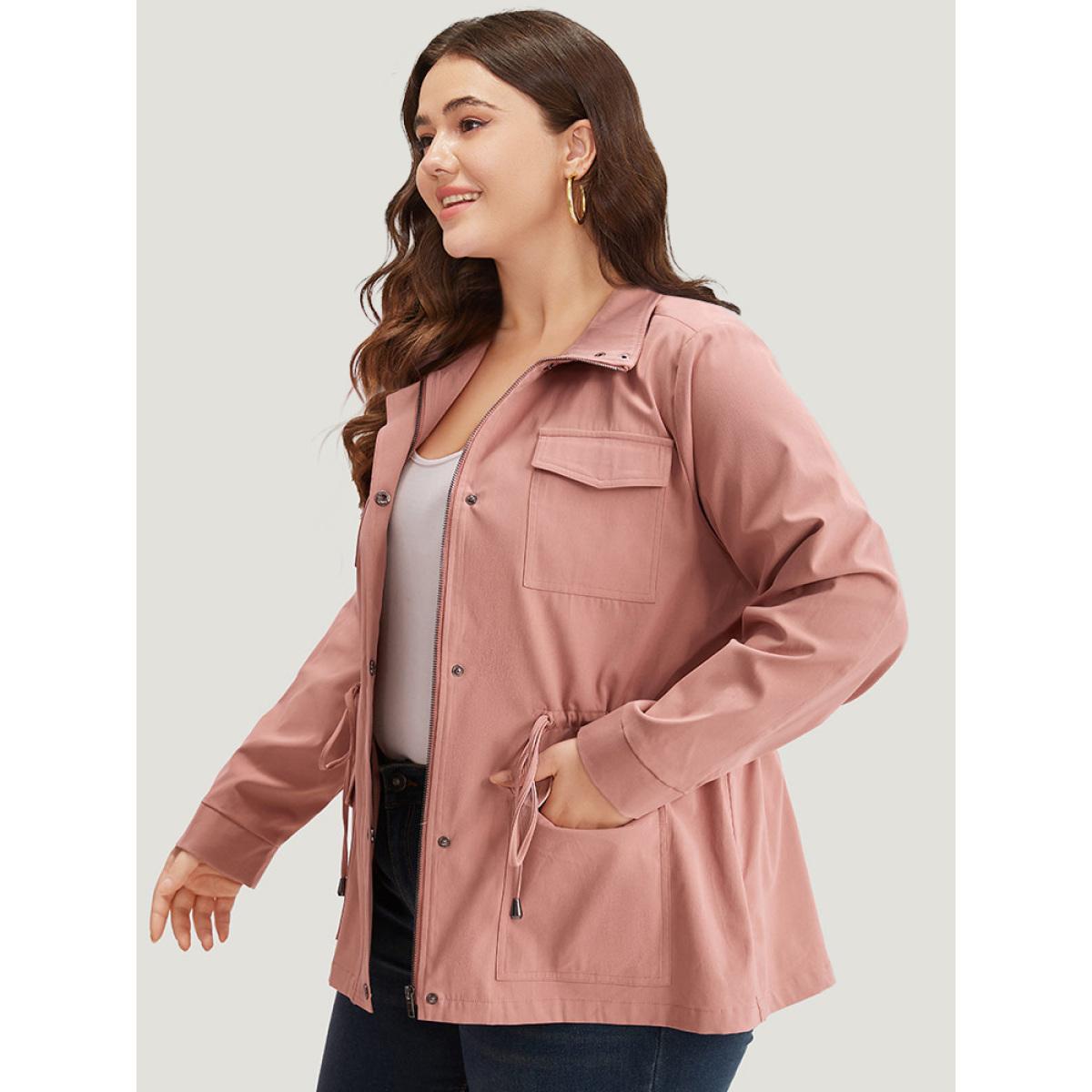 Plus Size Plain Pocket Button Through Drawstring Zipper Coat Women Rouge Plain Pocket Dailywear Jackets BloomChic 28/5X Product Image