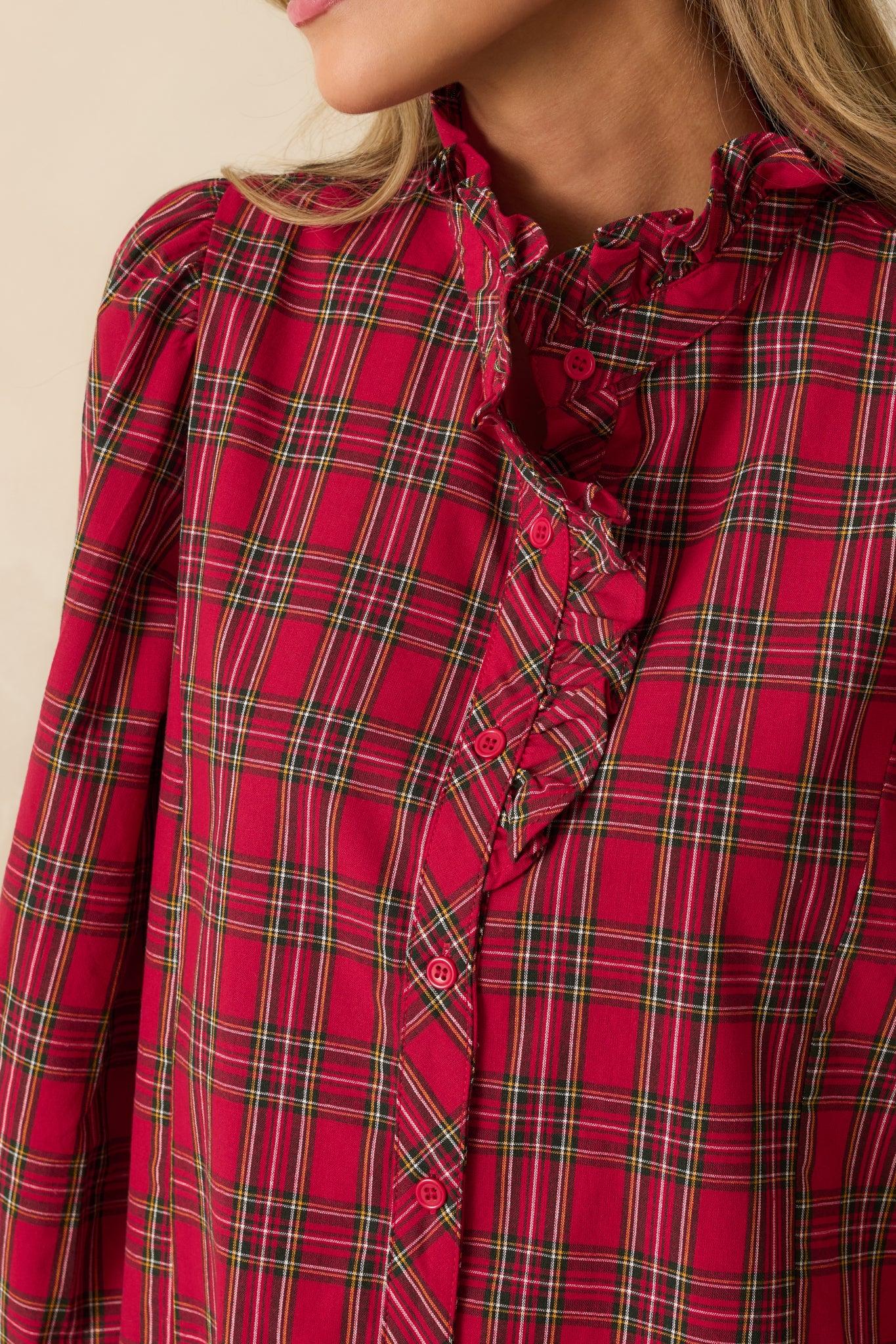 Festive Feeling Red Plaid Cotton Ruffle Neck Button Up Blouse L / Red Product Image