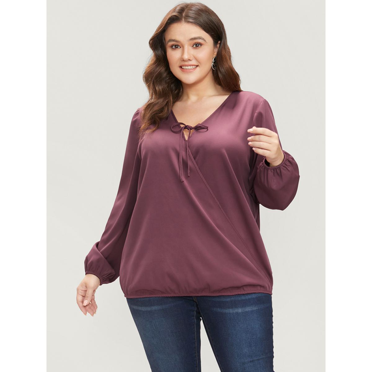 Plus Size Scarlet Solid Lantern Sleeve Tie Neck Wrap Blouse Women Elegant Long Sleeve V-neck Dailywear Blouses BloomChic 30/6X Product Image