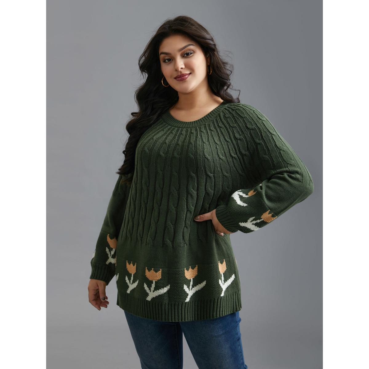 Plus Size Cable Knit Floral Ribbed Hem Pullover ArmyGreen Women Casual Loose Long Sleeve Round Neck Everyday Pullovers BloomChic 12/L Product Image