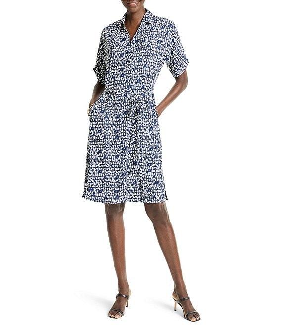NIC + ZOE Devon Etched Angles Collar V-Neck Short Sleeve Belted Shirt Dress Product Image