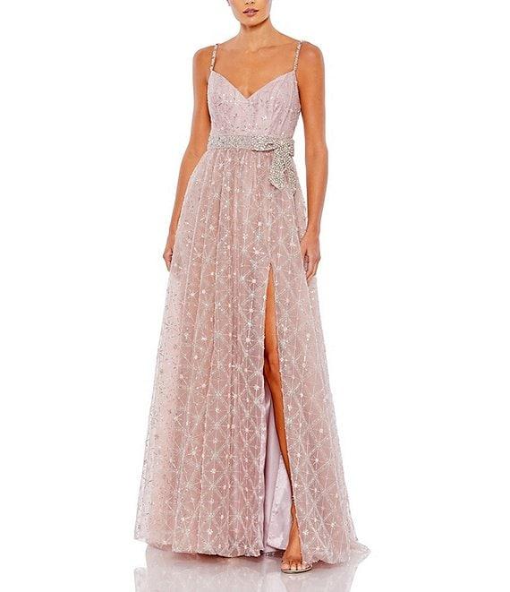 Mac Duggal V-Neck Beaded Bow Waist Embellished Mesh A-Line Gown Product Image