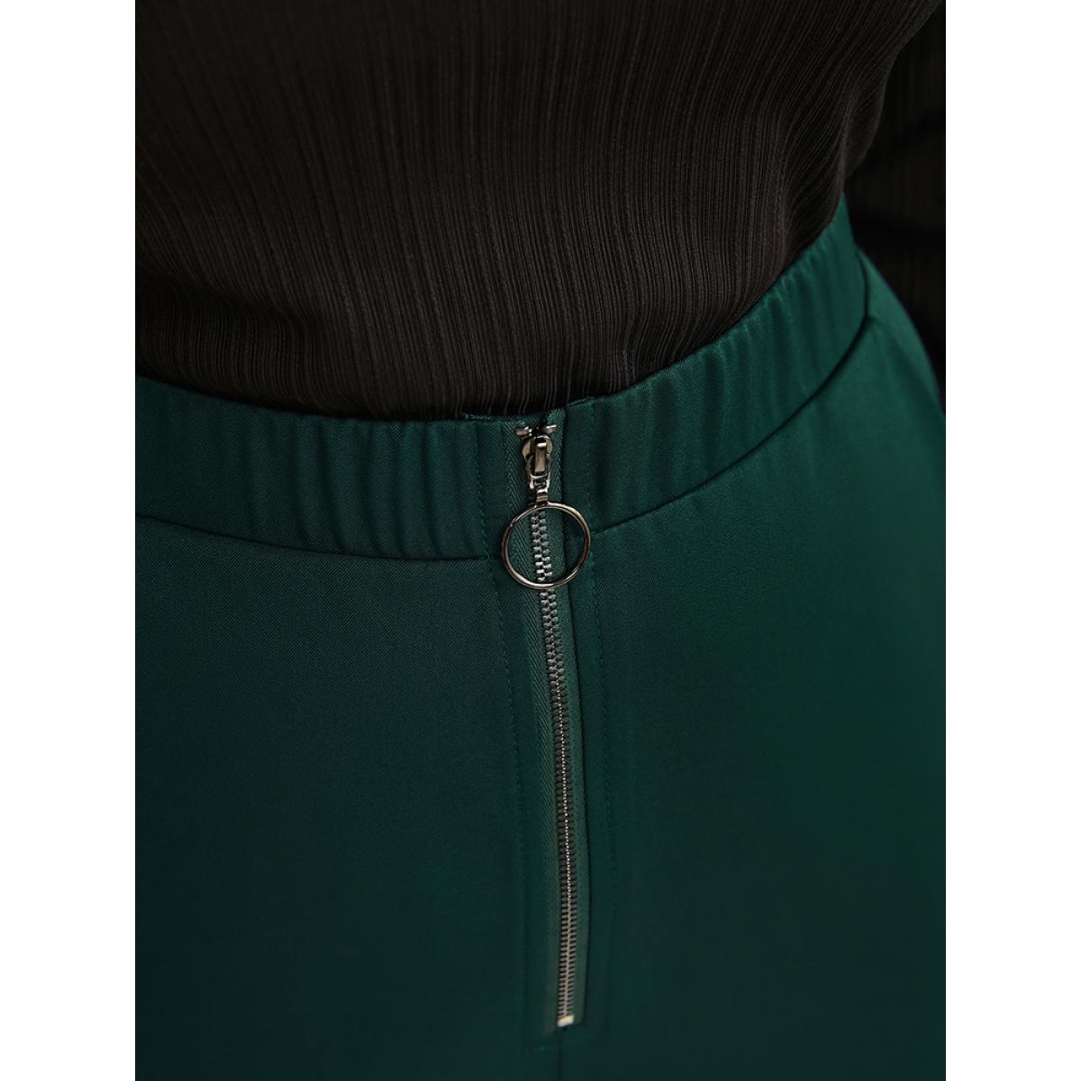 Plus Size Solid O Ring Zipper Pocket Elastic Waist Wide Leg Pants Women DarkGreen Office Wide Leg High Rise Office Pants BloomChic 26/4X Product Image