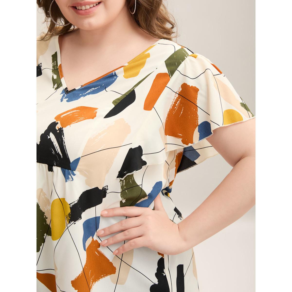 Plus Size Multicolor Brush Abstract Print Flounce Sleeve Blouse Women Short sleeve V-neck Everyday-Elegant Blouses BloomChic 22-24/3X Product Image