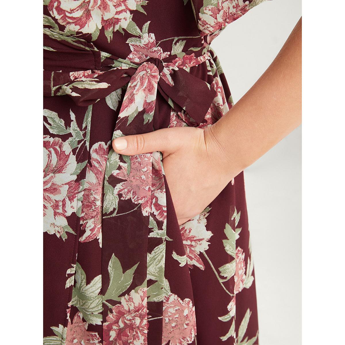 Plus Size Floral Print Belted Surplice Neck Flutter Pocket Maxi Dress Scarlet Women Elegant Wrap Overlap Collar Short sleeve Curvy Long Dress BloomChic 26/4X Product Image