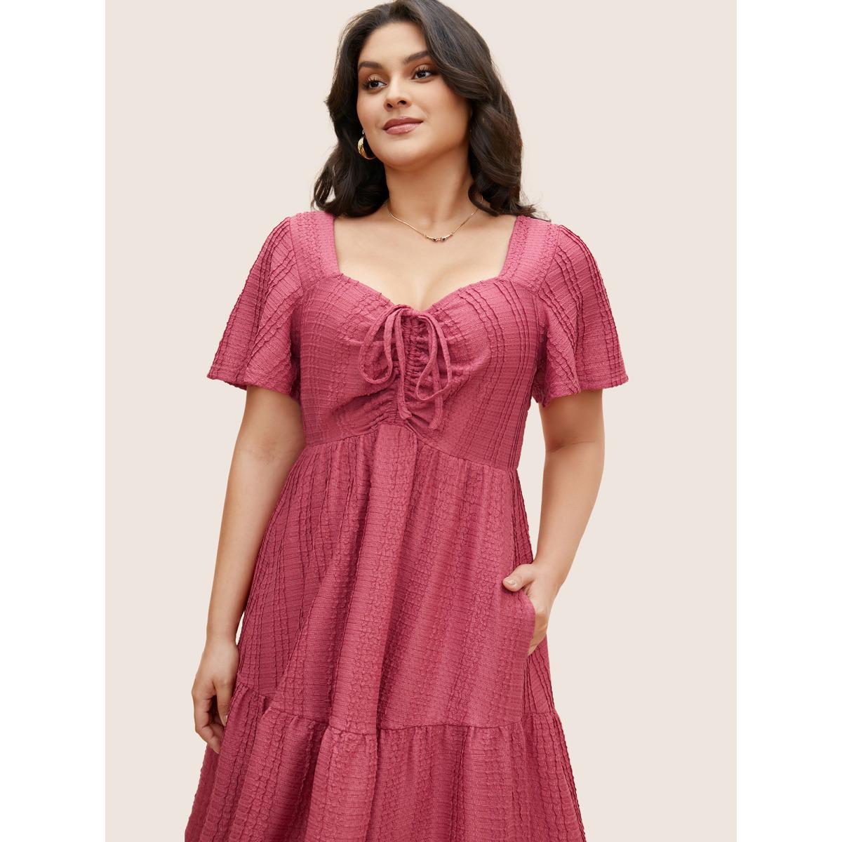 Plus Size Textured Heart Neckline Ruffle Sleeve Dress Rosered Women Elegant Texture Heart neckline Short sleeve Curvy BloomChic 22-24/3X Product Image