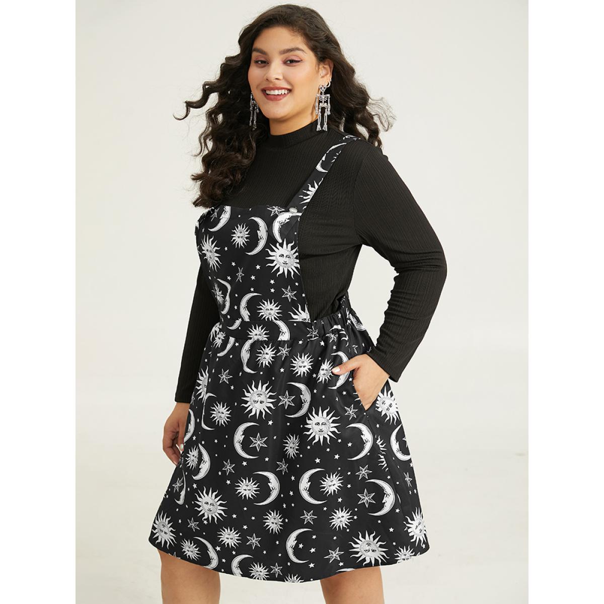 Plus Size Halloween Moon & Star Print Pocket Spaghetti Strap Dress Black Women Casual Adjustable Straps Spaghetti Strap Sleeveless Curvy Knee Dress BloomChic 30/6X Product Image
