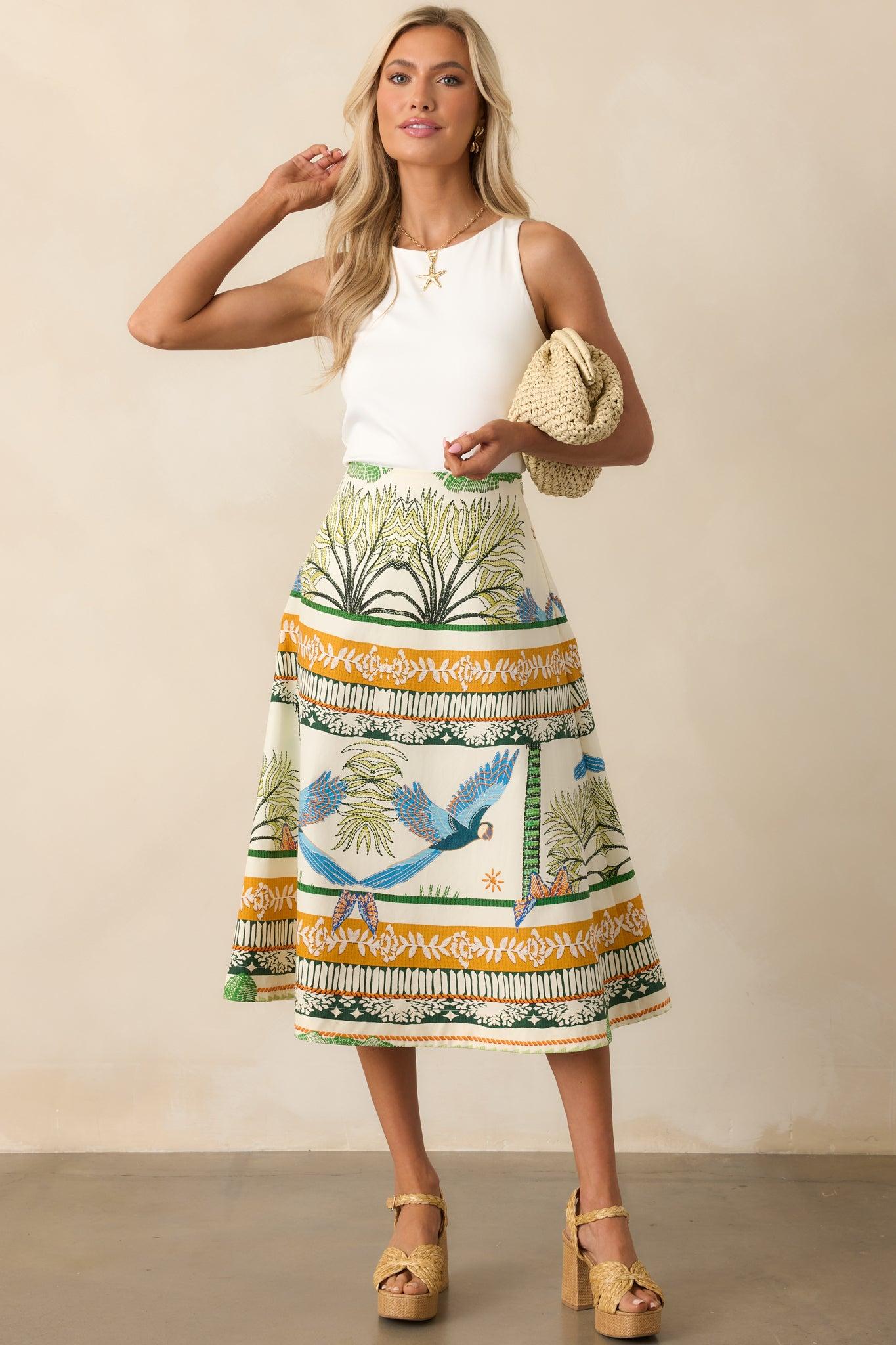 Aylaya Amazon Ivory Tropical Print Cotton Midi Skirt Product Image
