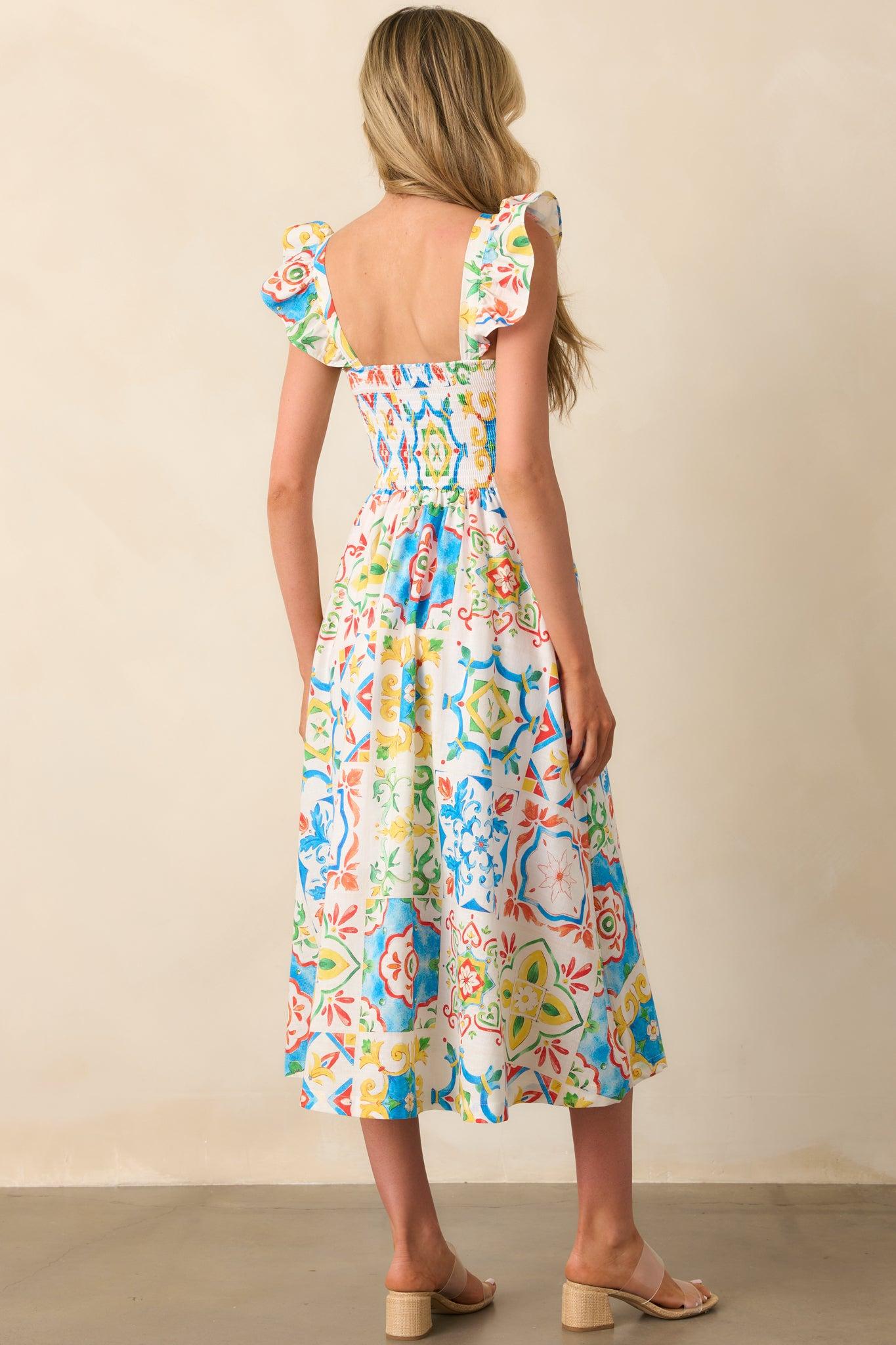 Prosperina Nicola Blue Multi Sicilian Tile Print Linen Ruffle Midi Dress Product Image