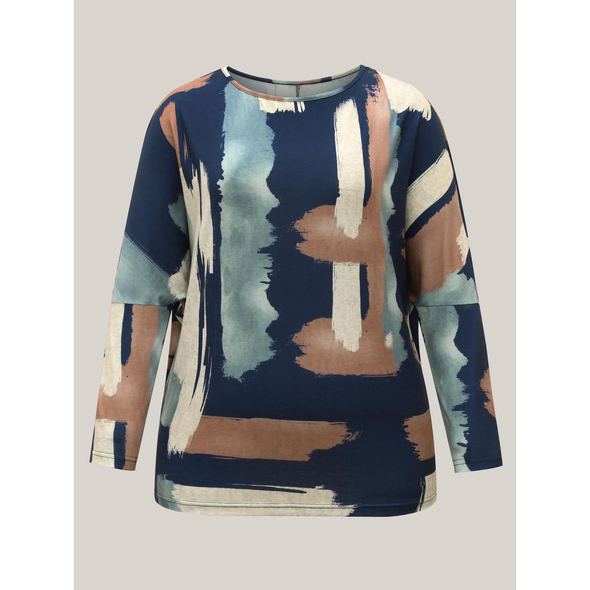 Plus Size Abstract Print Dolman Sleeve T-Shirt Multicolor Women Casual Contrast Boat Neck Everyday T-shirts BloomChic 18-20/2X Product Image