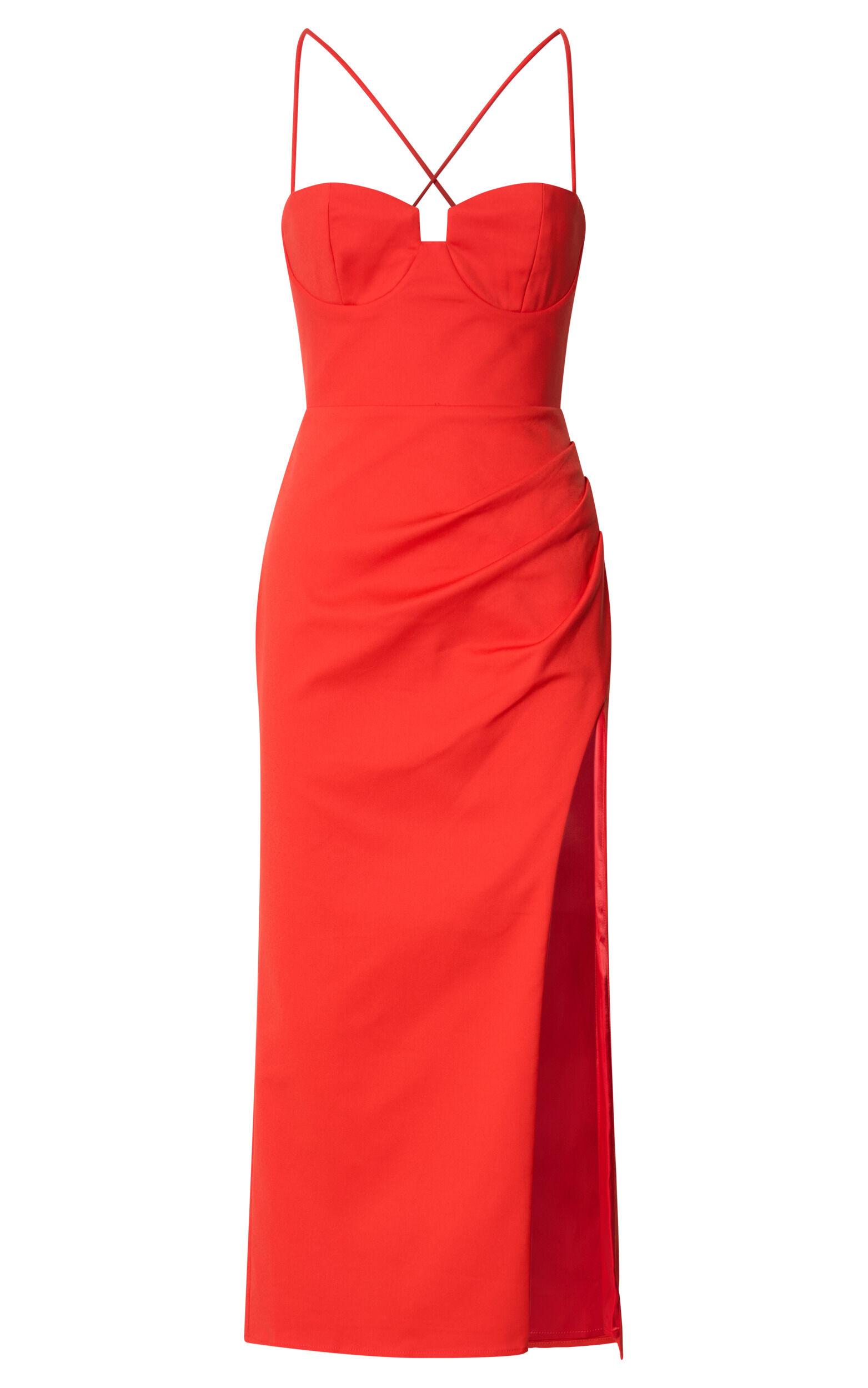 Alissa Midi Dress - Bustier Strappy Pleat Side Fitted Dress in Tangerine Product Image