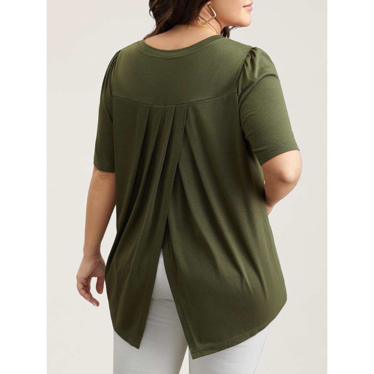 Plus Size Back Pleats V-Neck Split T-Shirt ArmyGreen Women Casual Overlapping V-neck Everyday T-shirts BloomChic 28/5X Product Image