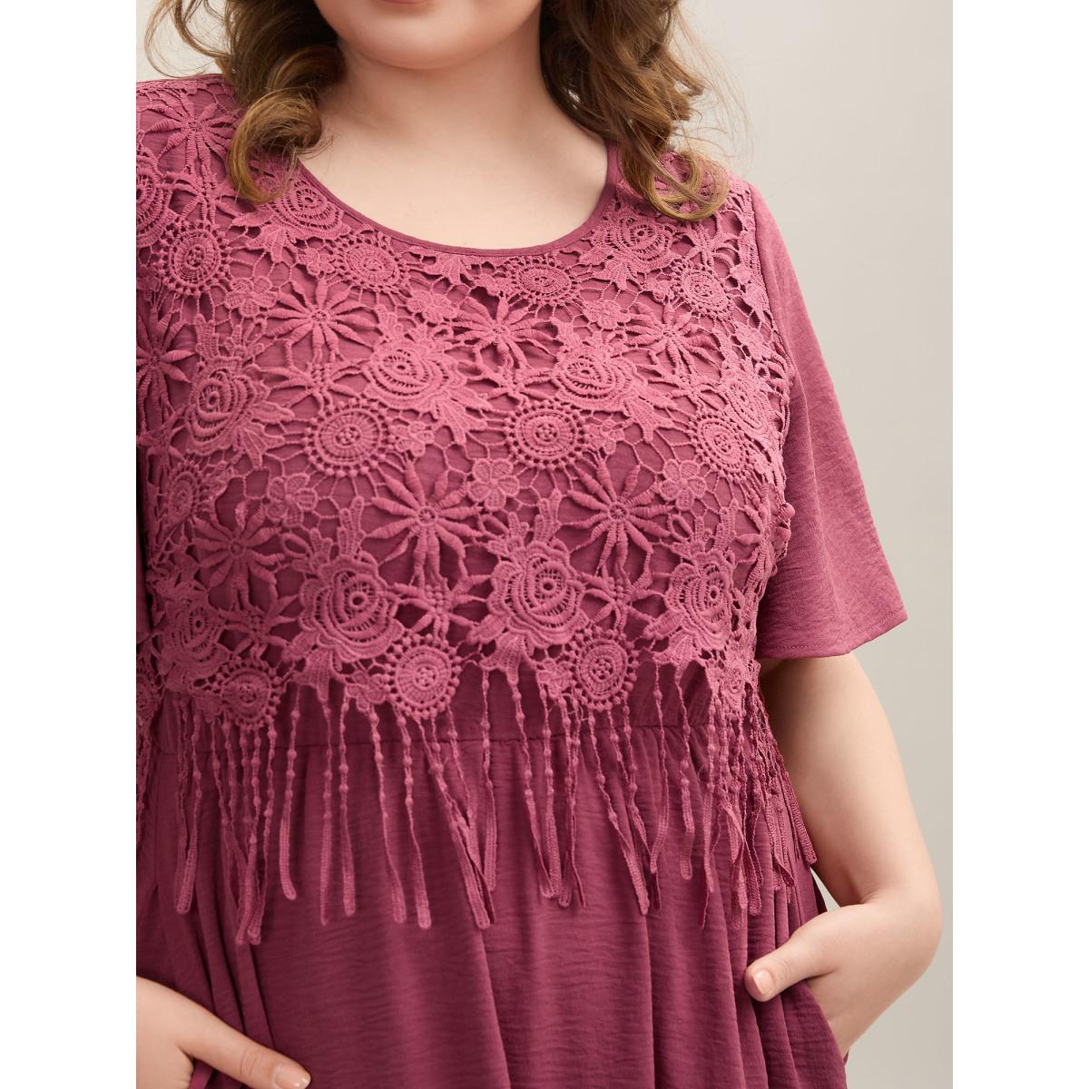 Plus Size Lace Detail Pockets Round Neck Midi Dress Rouge Women Casual Woven ribbon&lace trim Round Neck Short sleeve Curvy BloomChic 28/5X Product Image