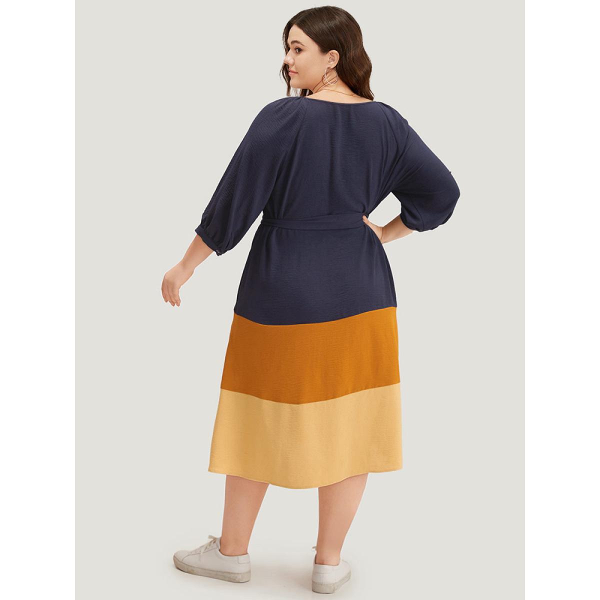 Plus Size Colorblock Contrast Metal Detail Lantern Sleeve Dress Midnight Women Casual Gathered Round Neck Elbow-length sleeve Curvy Midi Dress BloomChic 12/L Product Image