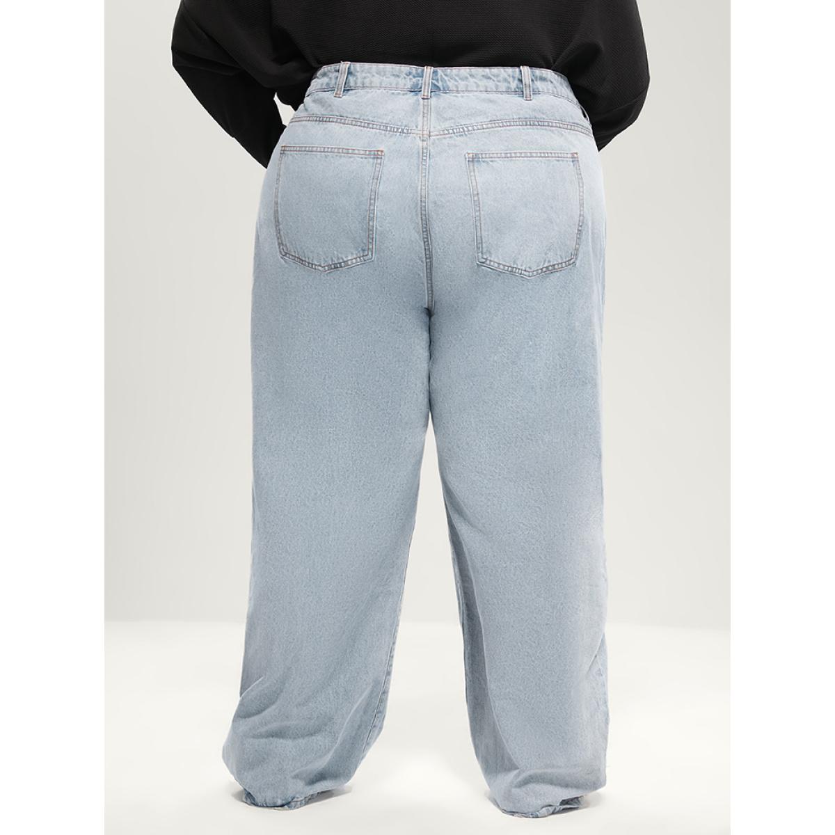 Plus Size Boyfriend Wide Leg Non Stretchy High Rise Light Wash Distressed Jeans Women LightBlue Casual Plain Distressed No stretch Pocket Jeans BloomChic 20/2X Product Image
