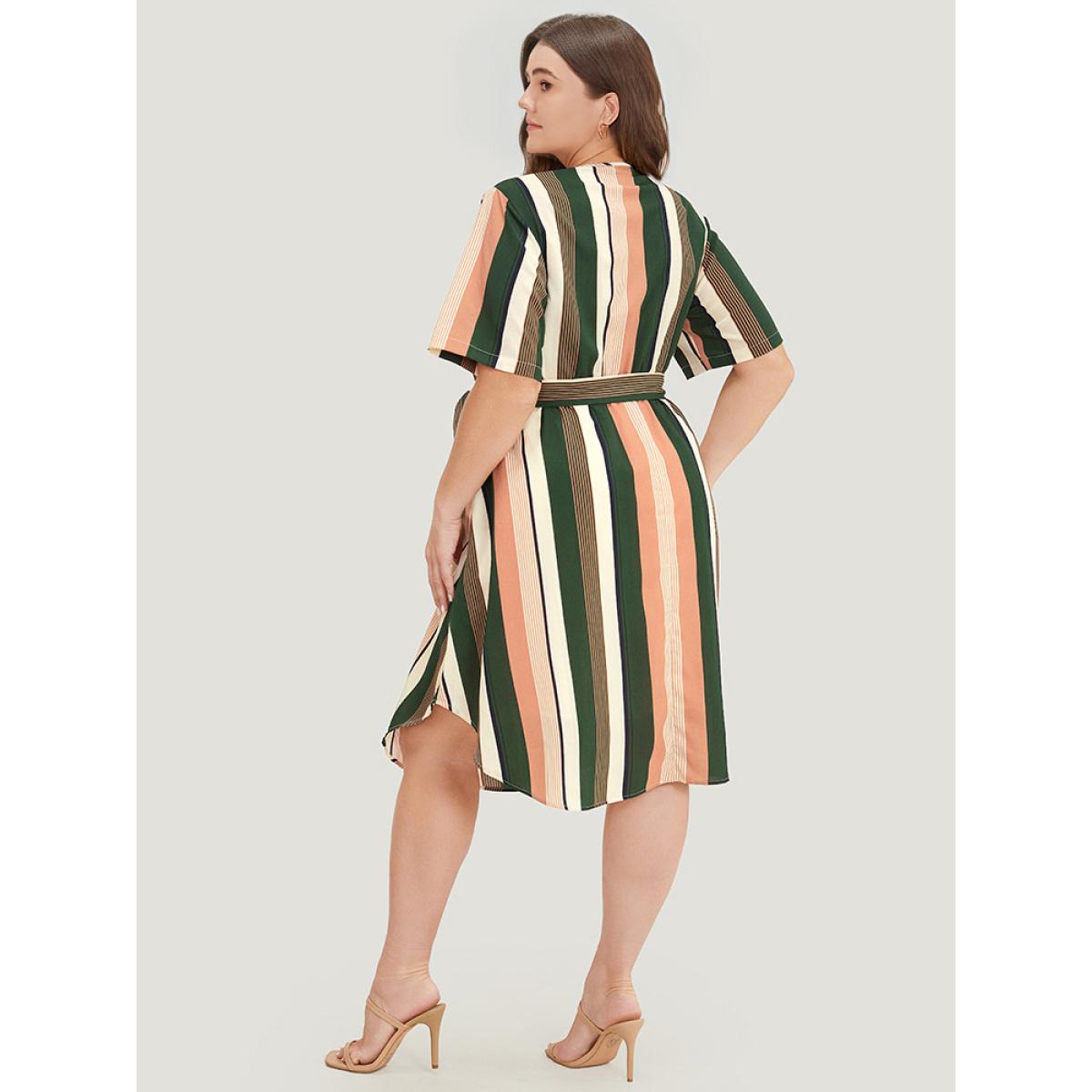 Plus Size Striped Contrast Pocket Belt Arc Hem Zip Up Dress Multicolor Women Office Contrast V-neck Short sleeve Curvy Midi Dress BloomChic 22-24/3X Product Image