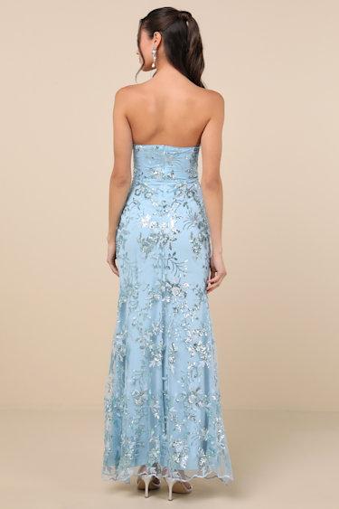 Confident Sensation Blue Sequin Strapless Bustier Maxi Dress Product Image