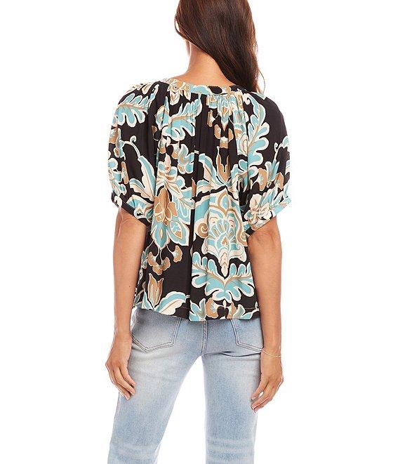Floral Scoop Neck Short Puff Sleeve Button-Front Peasant Top Product Image