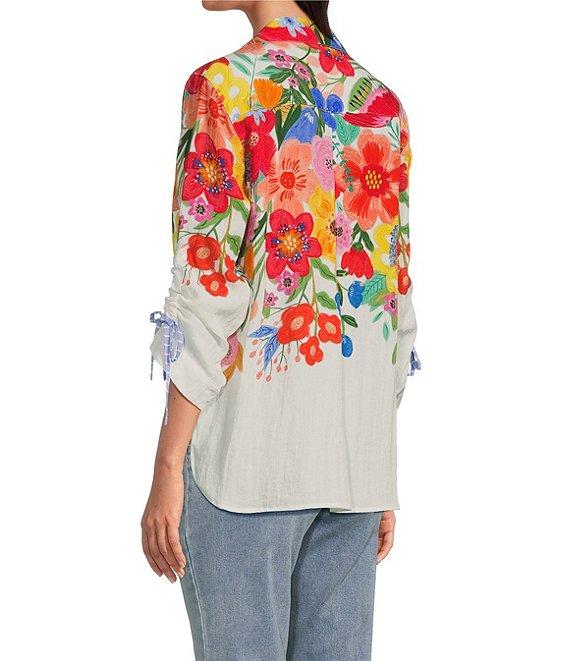 John Mark Petite Size Floral Point Collar 3/4 Cinched Tie Sleeve Top Product Image