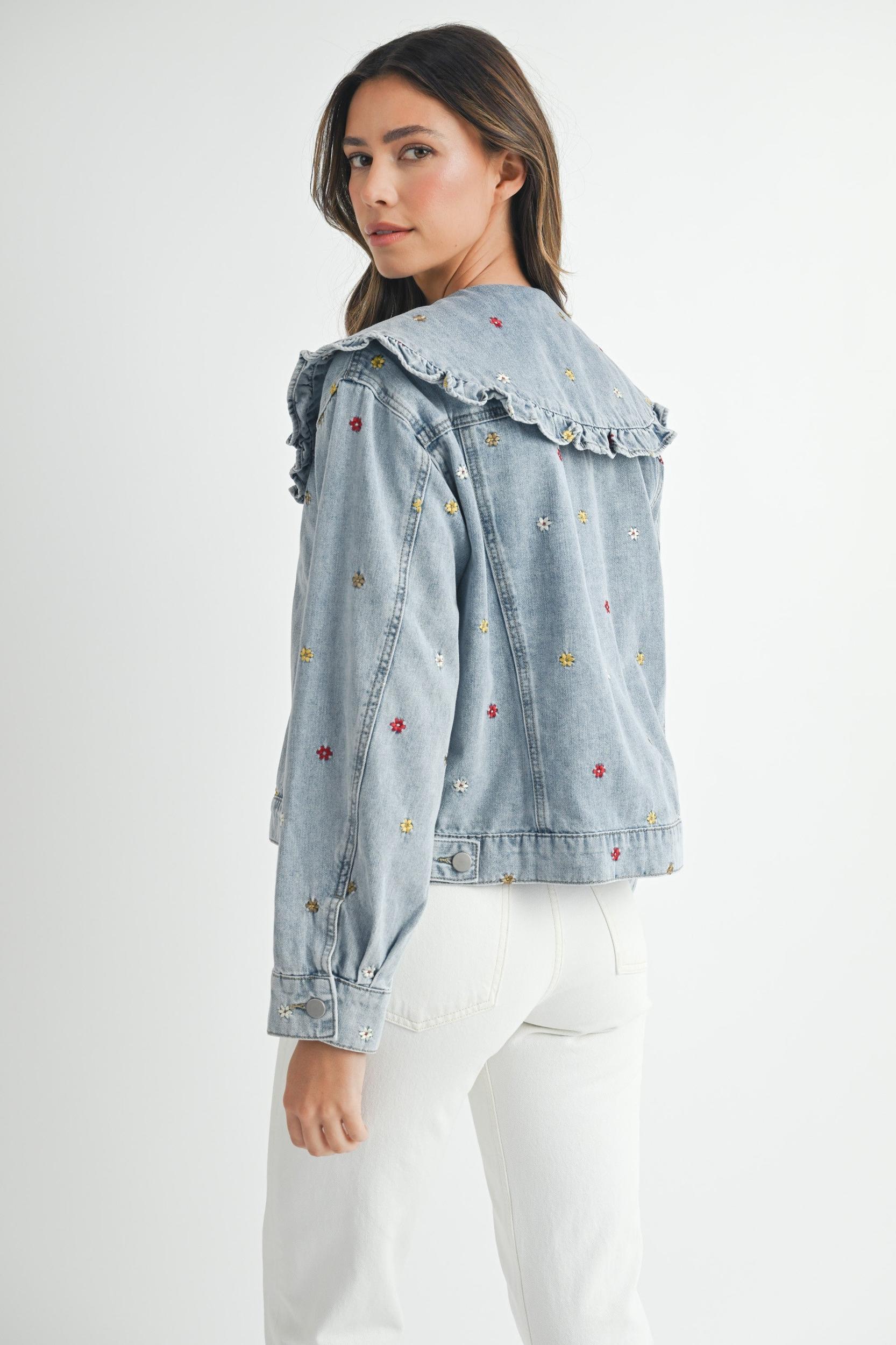Peter Pan Collar Embroidered Denim Jacket Product Image