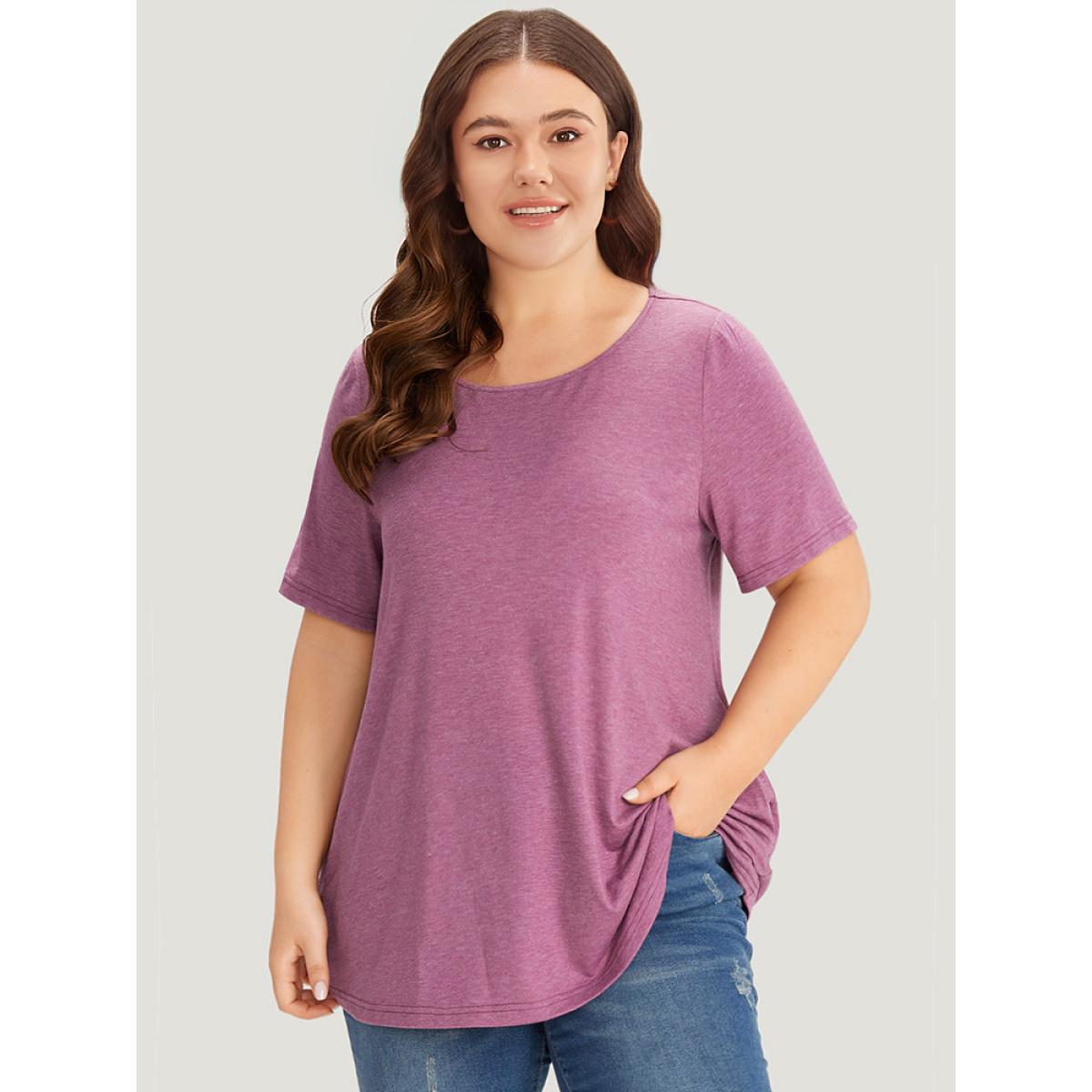 Plus Size Plain Heather Pocket Round Neck T-shirt Mauve Women Casual Plain Plain Round Neck Dailywear T-shirts BloomChic 12/L Product Image