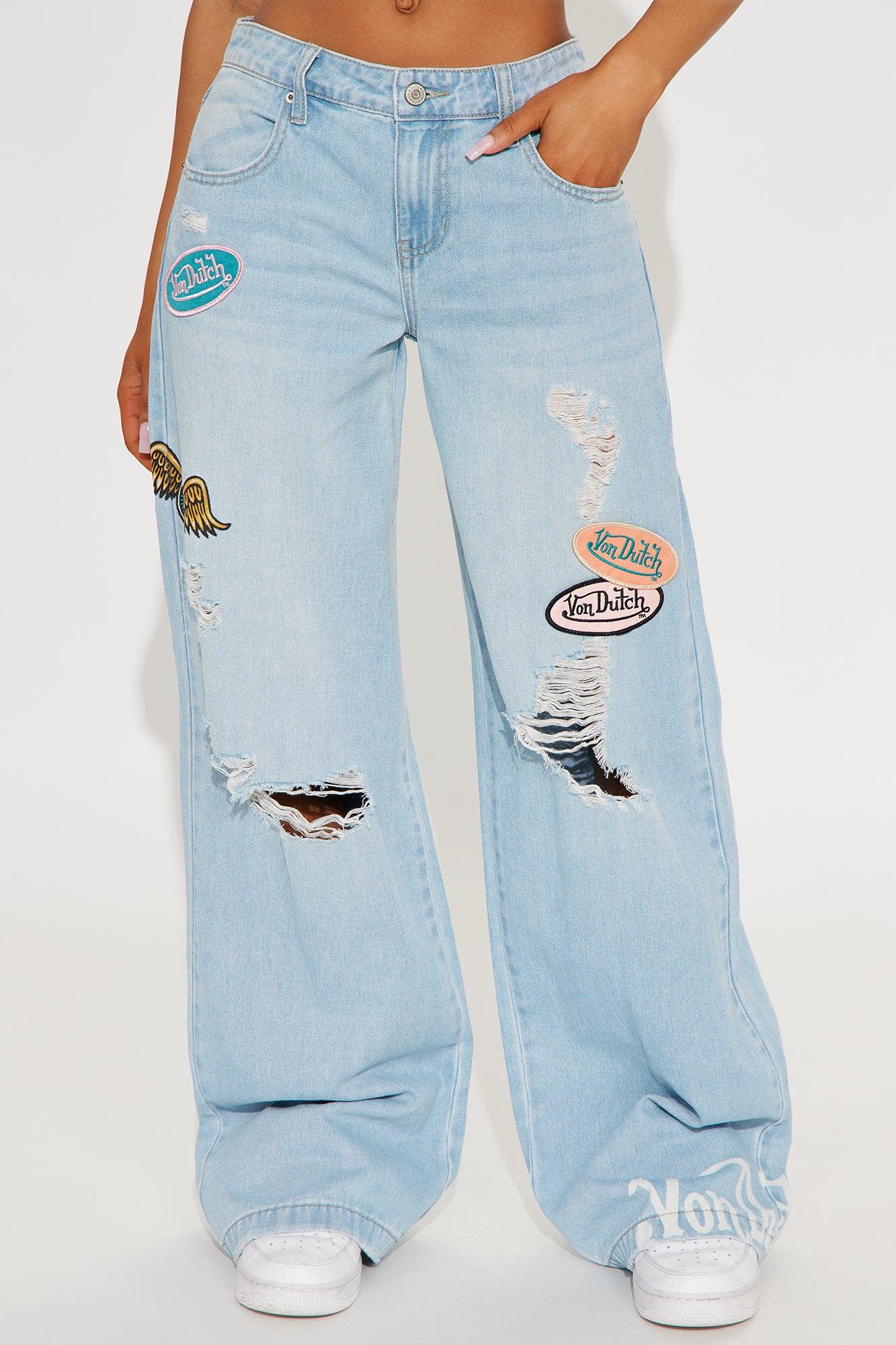 Von Dutch Patchwork Distressed Wide Leg Jeans - Medium Wash Product Image