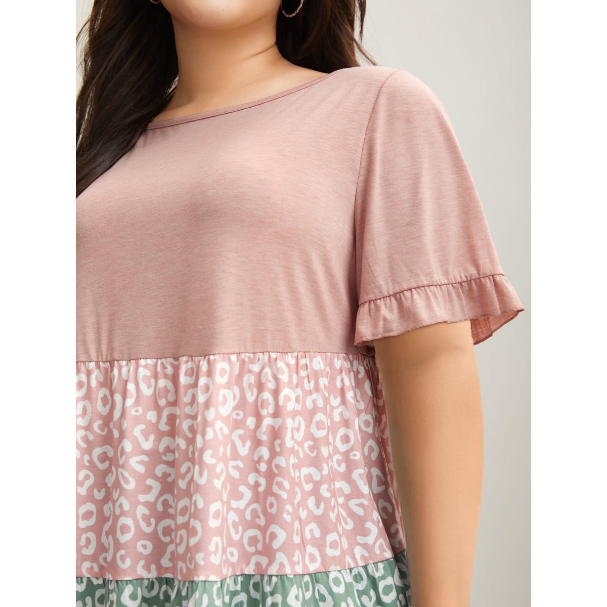Plus Size Spliced Printed Tiered Ruffled Sleeve T-Shirt Multicolor Women Playful Gathered Round Neck Casual T-shirts BloomChic 28/5X Product Image