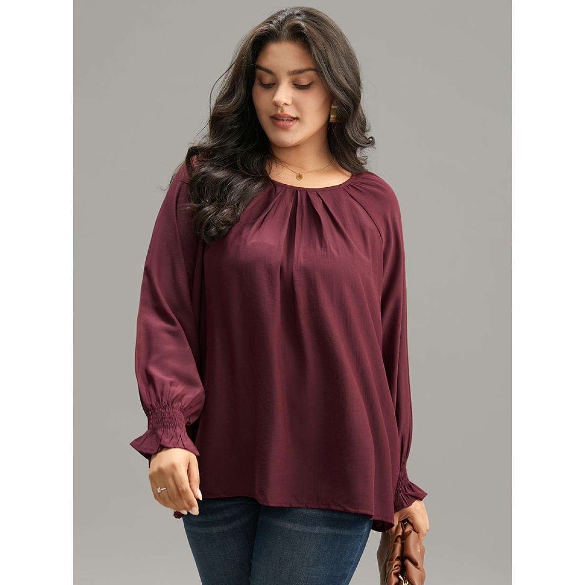 Plus Size Burgundy Supersoft Essentials Plain Plicated Detail Ruffle Trim Blouse Women Office Long Sleeve Round Neck Office Blouses BloomChic 30/6X Product Image
