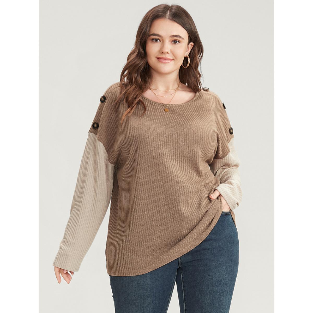 Plus Size Colorblock Contrast Button Detail Rib Knit Sweatshirt Women LightBrown Casual Contrast Round Neck Dailywear Sweatshirts BloomChic 12/L Product Image