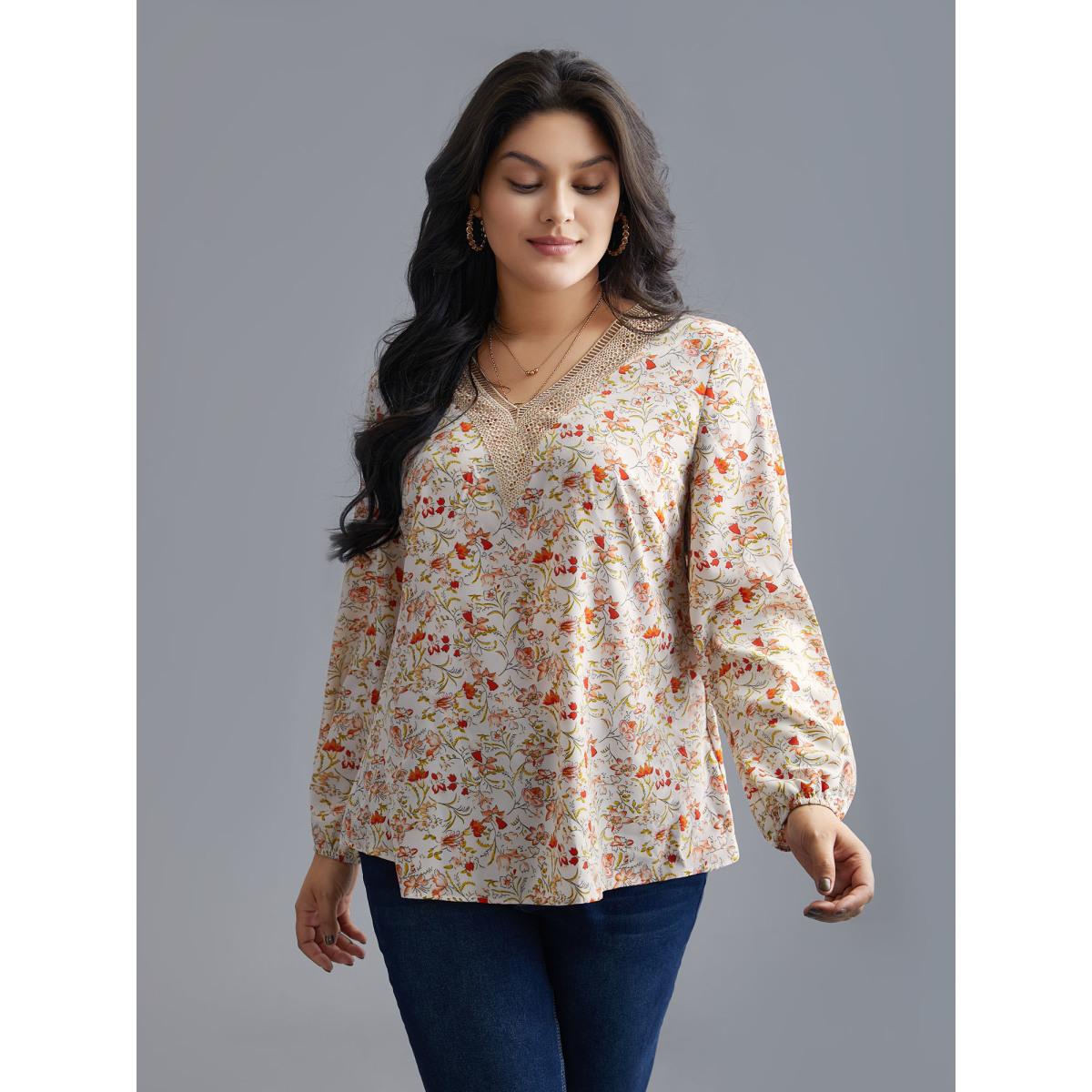 Plus Size Multicolor V Neck Ditsy Floral Contrast Webbing Blouse Women Elegant Long Sleeve V-neck Everyday Blouses BloomChic 14-16/1X Product Image