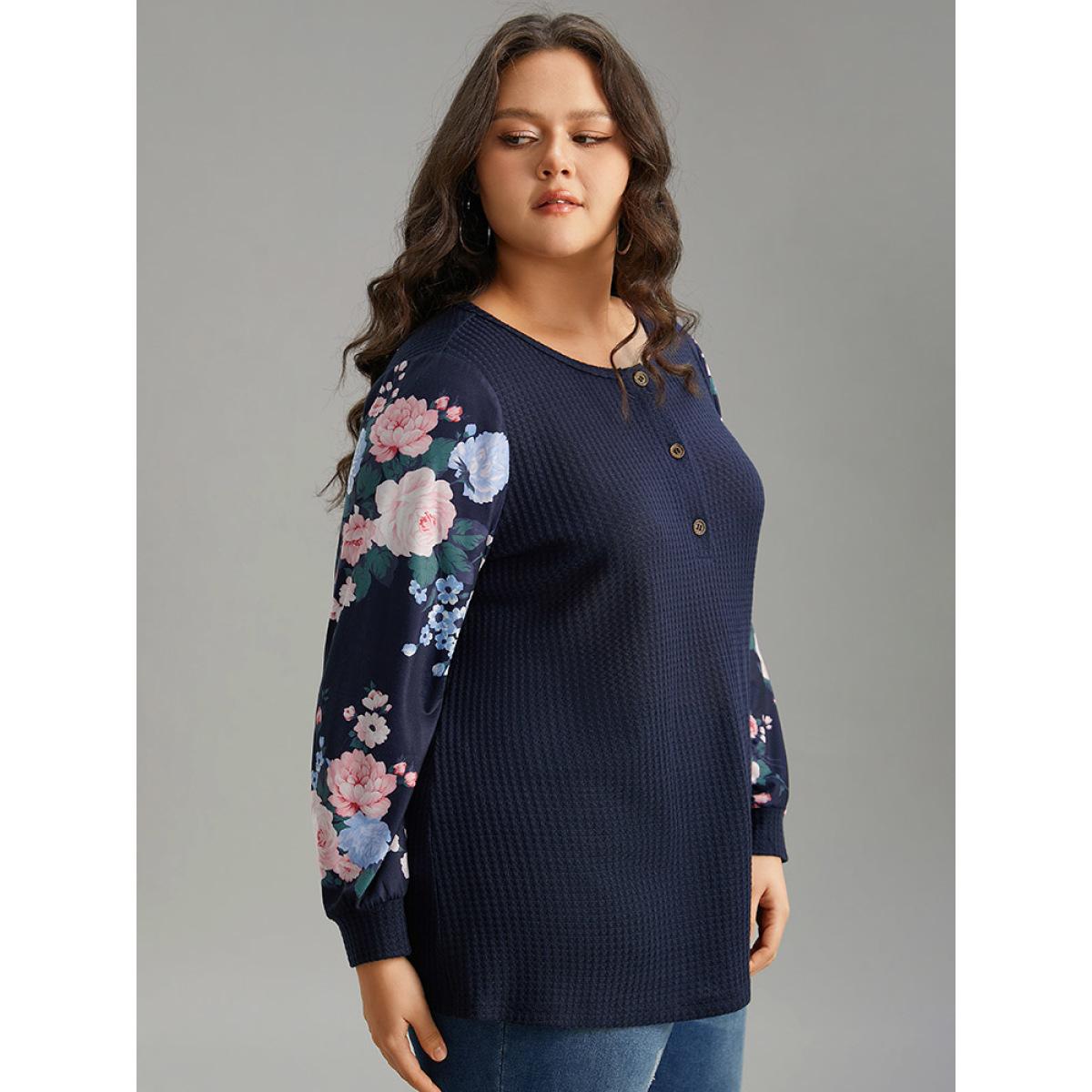 Plus Size Waffle Knit Floral Patchwork Button Up T-shirt Blue Women Casual Printed Floral Open Front Loose Dailywear T-shirts BloomChic 22-24/3X Product Image