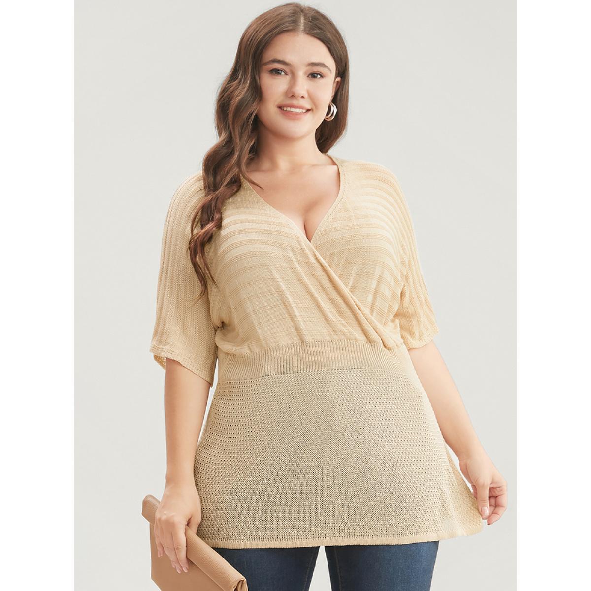 Plus Size Plain Dolman Sleeve Wrap Knit Top Champagne Women Casual Short sleeve V-neck Dailywear Pullovers BloomChic 14-16/1X Product Image