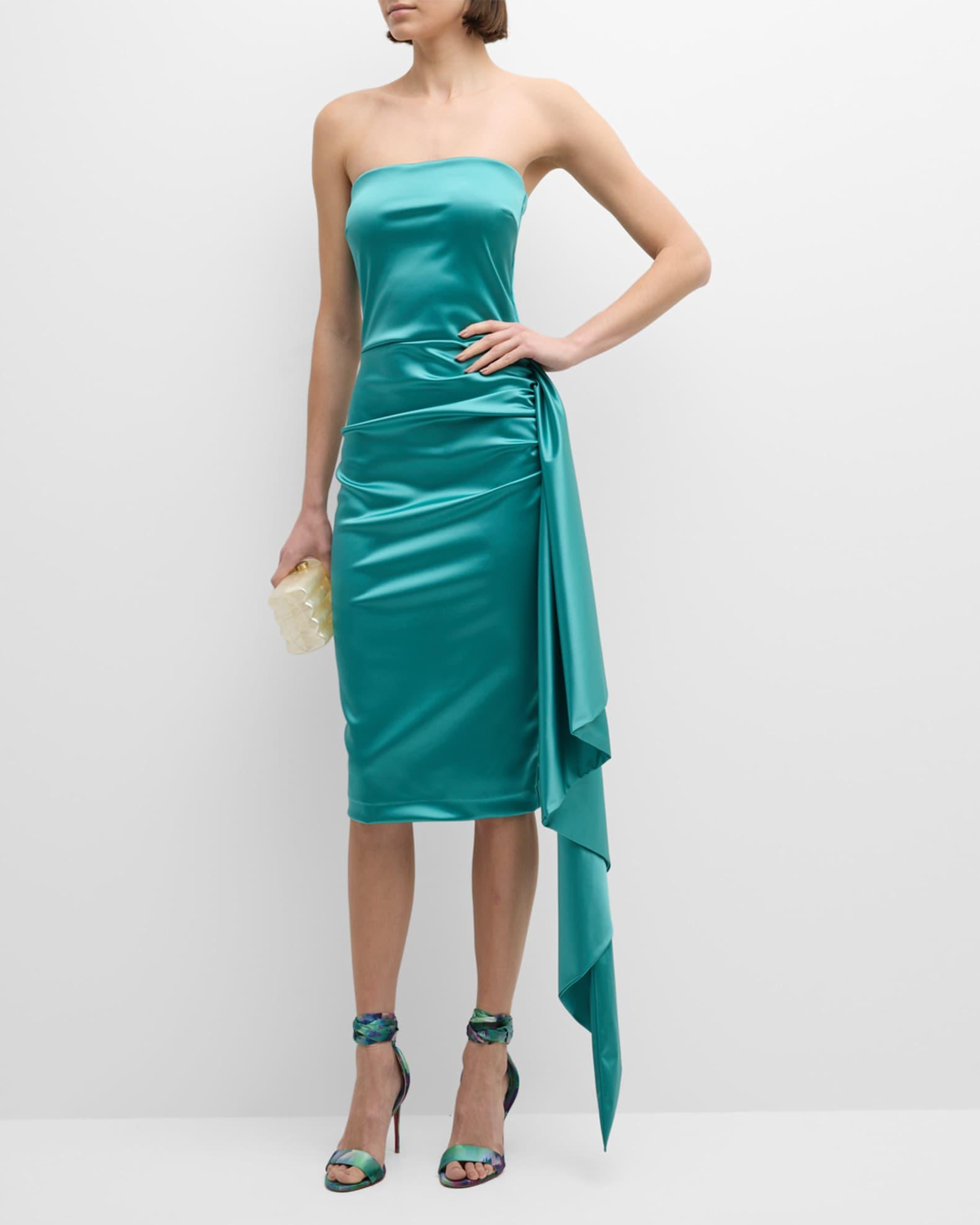 Strapless Draped Bodycon Satin Midi Dress Product Image