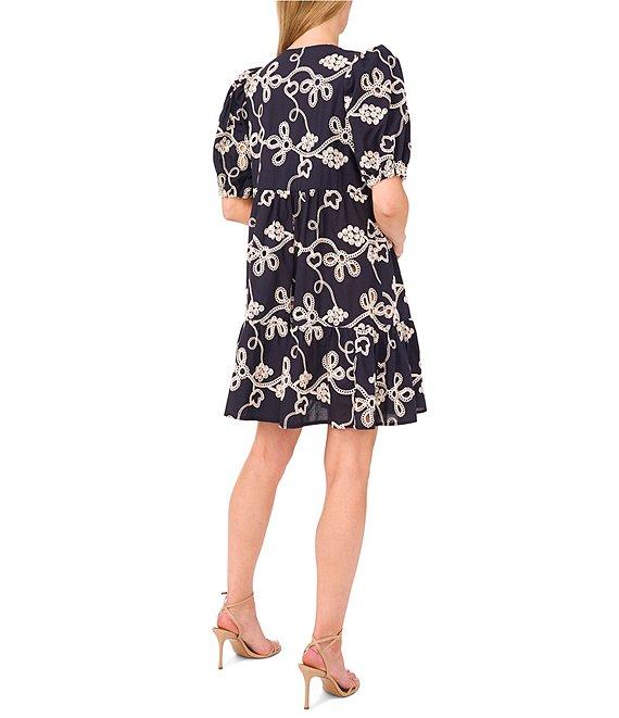CeCe Woven V-Neck Short Puff Sleeve Floral Embroidered Tiered A-Line Dress Product Image