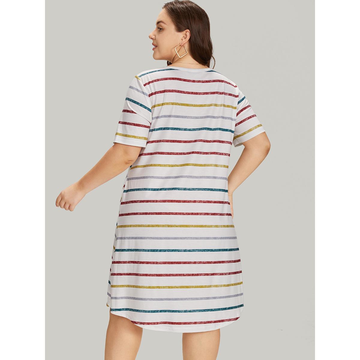 Plus Size Colour Striped Print Pocket Keyhole Arc Hem Dress Multicolor Women Casual Arc Hem Keyhole Cut-Out Short sleeve Curvy Knee Dress BloomChic 10/M Product Image