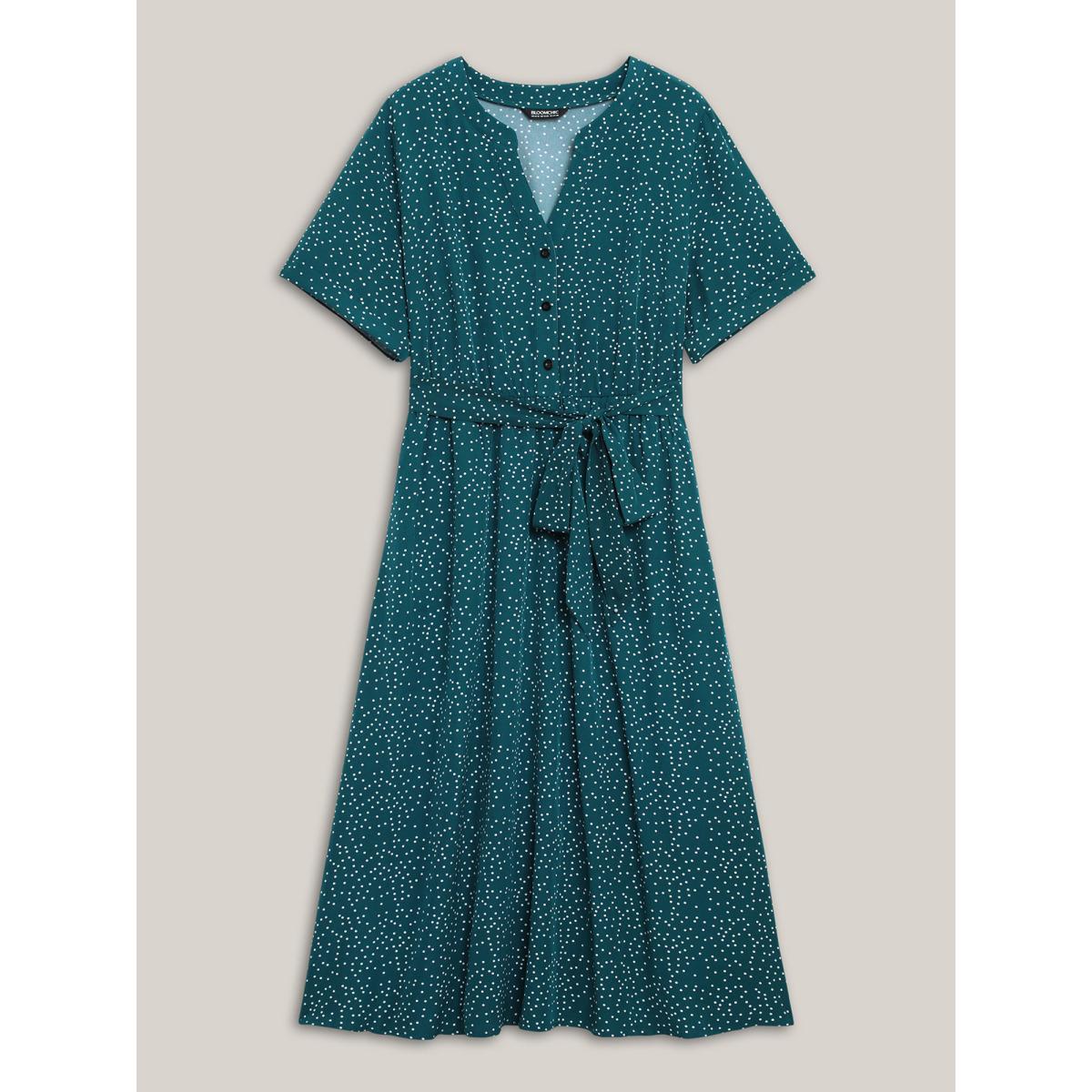 Plus Size Stretchy Waist Tied Pockets Printed Midi Dress Cyan Women At the Office Belted Flat collar Short sleeve Curvy BloomChic 10/M Product Image