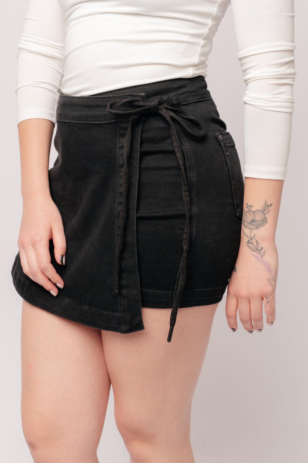 Bentli High Rise Side Tie Denim Skort in Black (Online Exclusive) Product Image