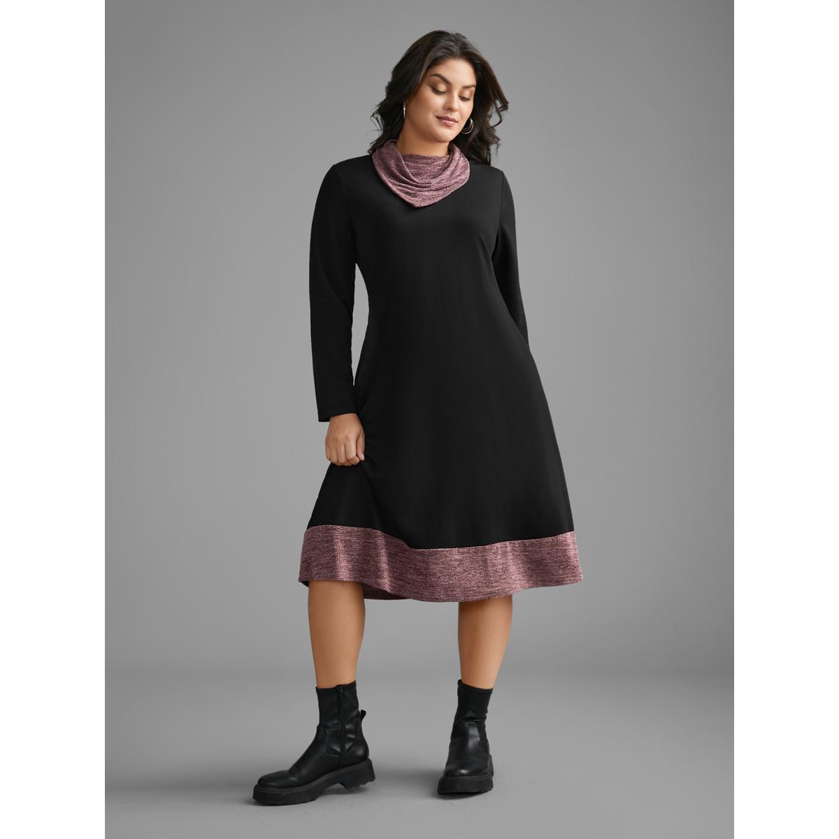 Plus Size Heather Patchwork Turtleneck Midi Dress Black Women Casual Contrast Ruffled collar Long Sleeve Curvy BloomChic 10/M Product Image