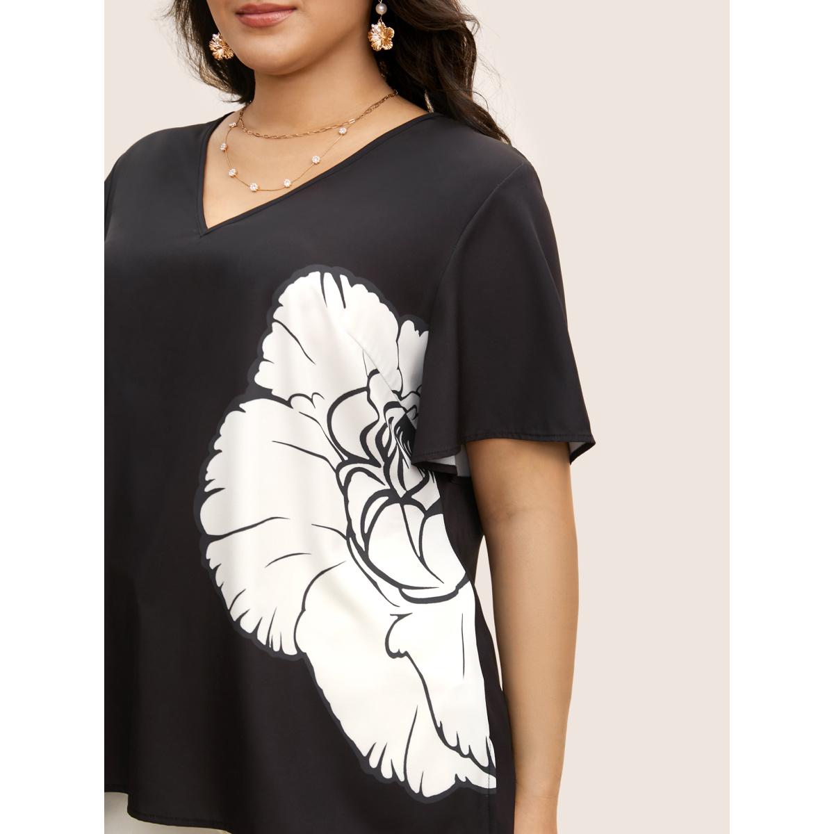 Plus Size Black Carnation Print Contrast Ruffle Sleeve Blouse Women Elegant Short sleeve V-neck Everyday Blouses BloomChic 22-24/3X Product Image
