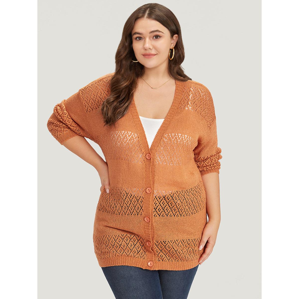 Plus Size Plain Geometric Eyelet Button Through Loose Cardigan Orange Women Casual Loose Long Sleeve Dailywear Cardigans BloomChic 22-24/3X Product Image