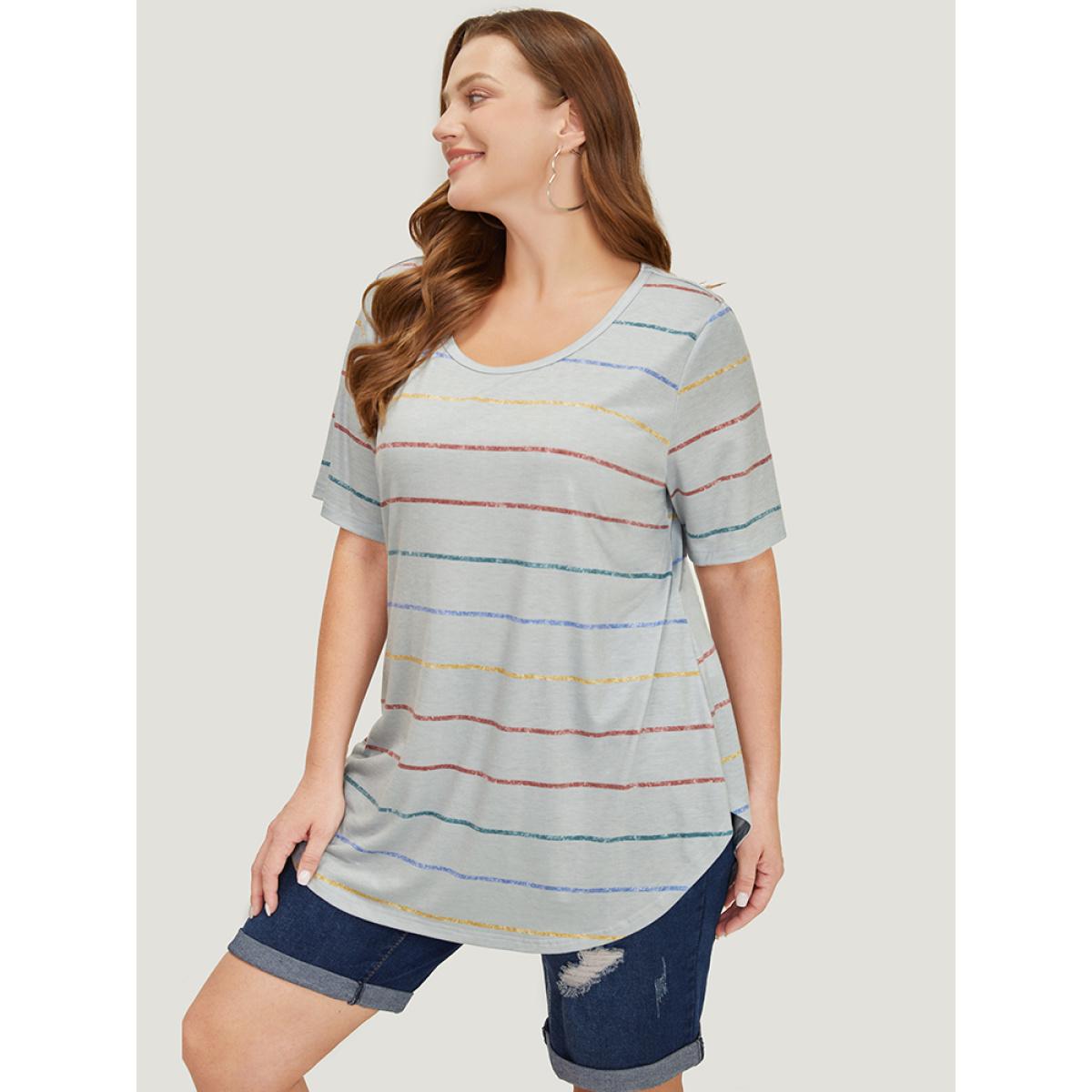 Plus Size Rainbow Striped Arc Hem T-shirt Gray Women Casual Contrast Striped Round Neck Dailywear T-shirts BloomChic 28/5X Product Image