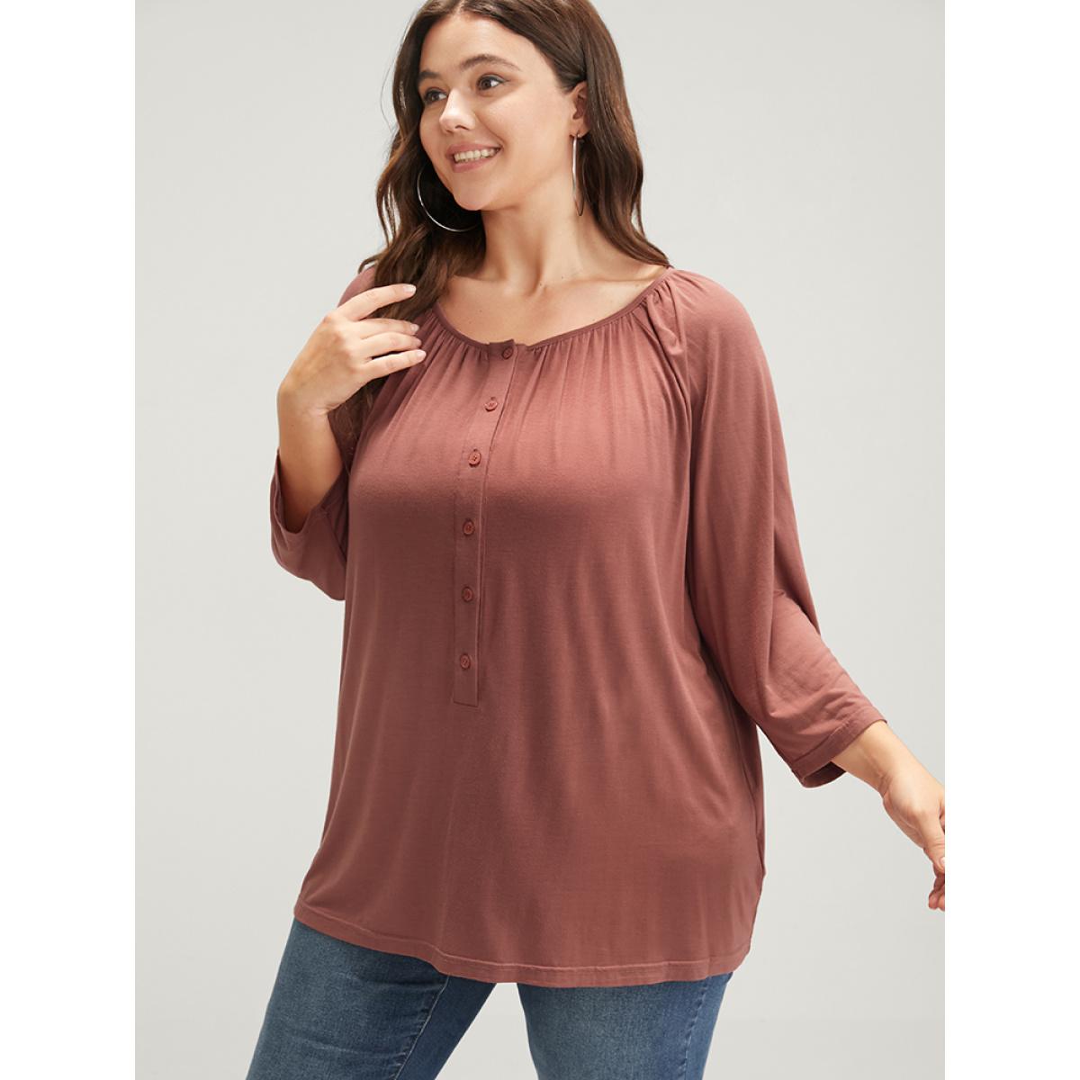 Plus Size Plain Round Neck Button Modal T-shirt Rouge Women Elegant Button Plain Round Neck Loose Dailywear T-shirts BloomChic 10/M Product Image
